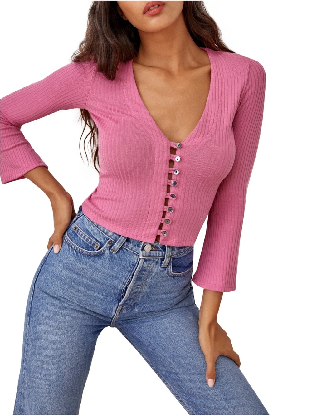 REFORMATION Rib Knit Button Front Y2K Bell Sleeve Slim Coquette Girl Crop Top S